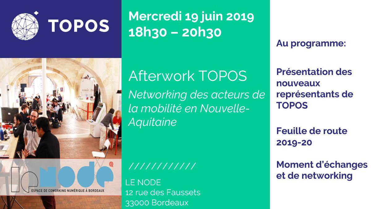 TOPOS-ITS (@topos_mobility) on Twitter photo SAVE THE DATE
<a href="/Topos_Mobility/">TOPOS-ITS</a> réunit ses adhérents et les acteurs de la #mobilité en <a href="/NvelleAquitaine/">Nouvelle-Aquitaine</a> pour une soirée networking ! #projets #international #animation #réseau
Mercredi 19 juin au <a href="/bxnode/">Le Node Bordeaux</a>
bit.ly/2Xqs9Tm SAVE THE DATE
<a href="/Topos_Mobility/">TOPOS-ITS</a> réunit ses adhérents et les acteurs de la #mobilité en <a href="/NvelleAquitaine/">Nouvelle-Aquitaine</a> pour une soirée networking ! #projets #international #animation #réseau
Mercredi 19 juin au <a href="/bxnode/">Le Node Bordeaux</a>
bit.ly/2Xqs9Tm