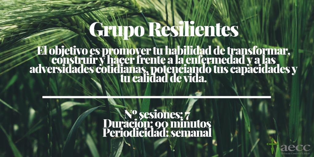 En AECC Valencia ofertamos diferentes grupos terapéuticos, uno de ellos es Grupo Resilientes.

🔹 Si te unes podrás potenciar tus capacidades al máximo y mejorar tu calidad de vida.

Apúntate en: 963 39 14 00 / valencia@aecc.es