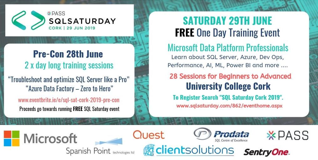 2weeks and counting for the #SQLSATCORK event June 29th at @UCC  28 sessions suitable for beginners to advanced.  Register ow.ly/wL5Y50us2GL @Microsoftirl @SentryOne @Spanish_Point @CSolutions_IE @Quest @ProdataSQL @CorkChamber @LeoCork @CorksRedFM @Corks96FM