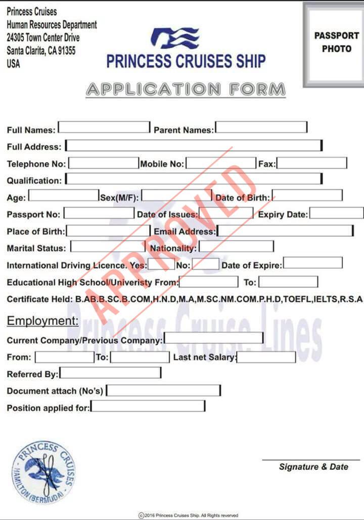 princess cruise ship job offer letter