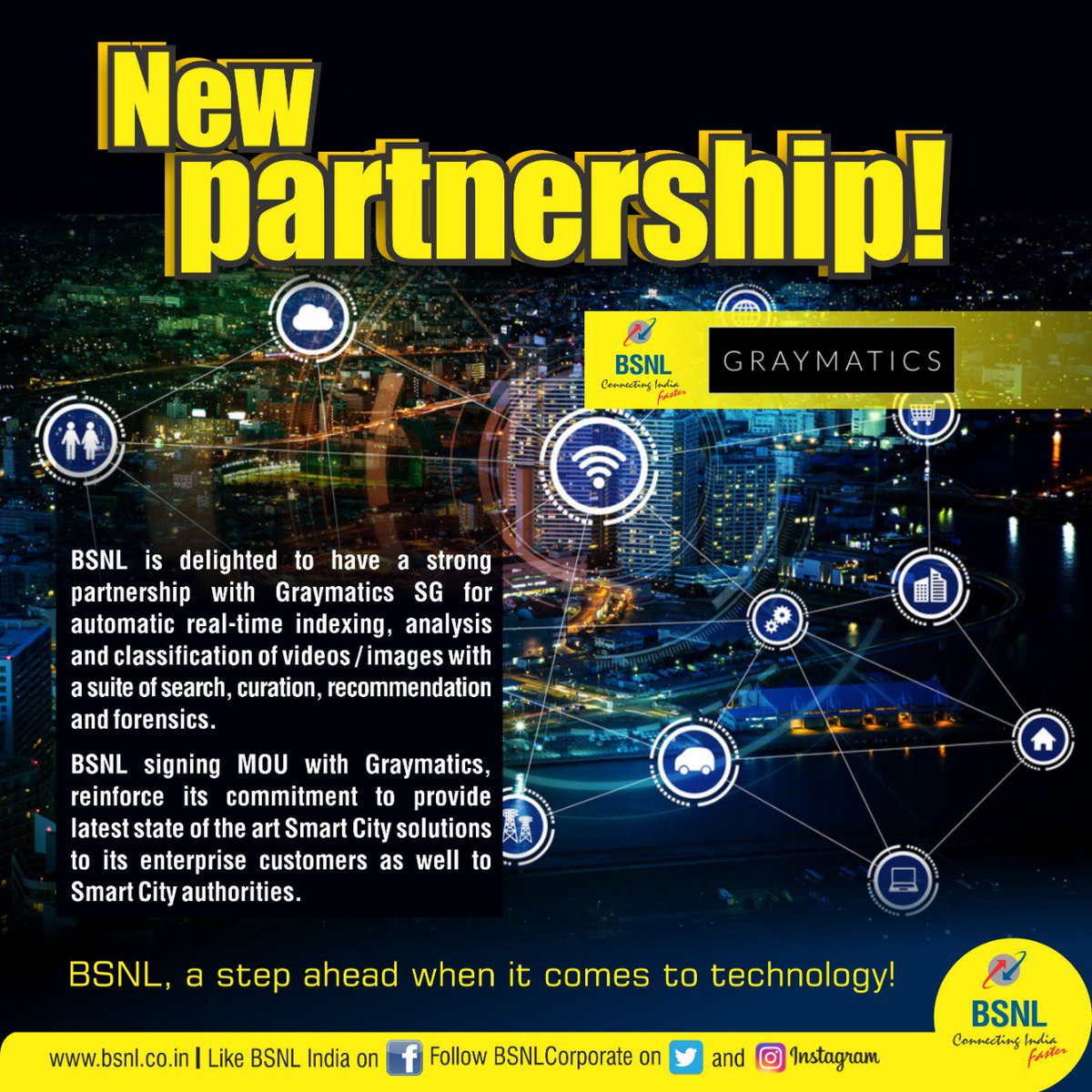 BSNLCorporate's tweet photo. #BSNL joins hands with @Graymatics_Inc, a leader in cognitive multimedia analytics for offering the #StateOftheArt SmartCity solutions to both #SmartCity authorities as well as Enterprise customers.BSNL continues to be at the forefront of offering new technology to its customers. https://t.co/SW0RivL5Ba