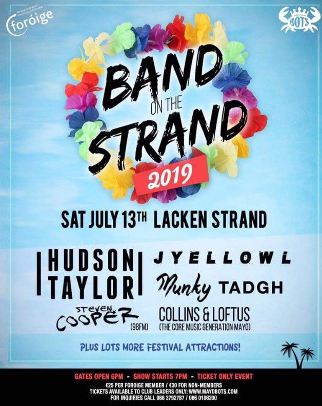 <a href="/MayoForoige/">Mayo Foróige</a> are pleased to announce the return of the hugely popular Band on the Strand (BOTS) which is taking place on Saturday, July 13th 2019 on #LackenStrand.

Artists include <a href="/HudsonTaylor/">Hudson Taylor</a>,<a href="/MUNKYtheBAND/">MUNKY</a> &amp; much more!

For more ow.ly/77qZ50uFUbS
#Mayo #Music #MayoBOTS