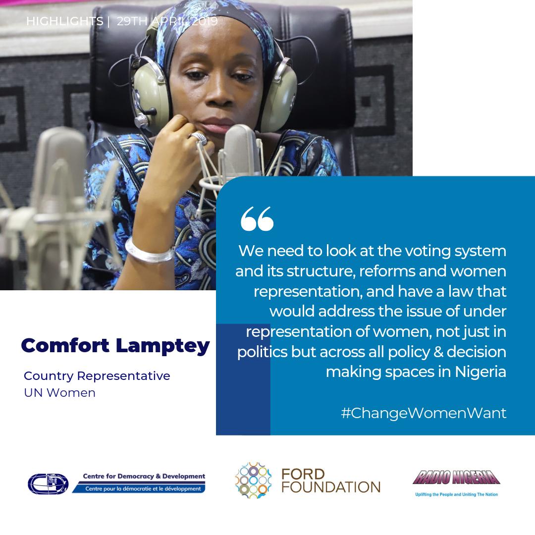 CDDWestAfrica's tweet photo. #MondayMotivation: "We need to look at the voting system, its structure, reforms &amp; women representation, we need a law that would address the issue of under representation of women, not just in politics but across all policy &amp; decision making spaces in Nigeria" - @ComfortLUNWomen https://t.co/7imxkCxOnm