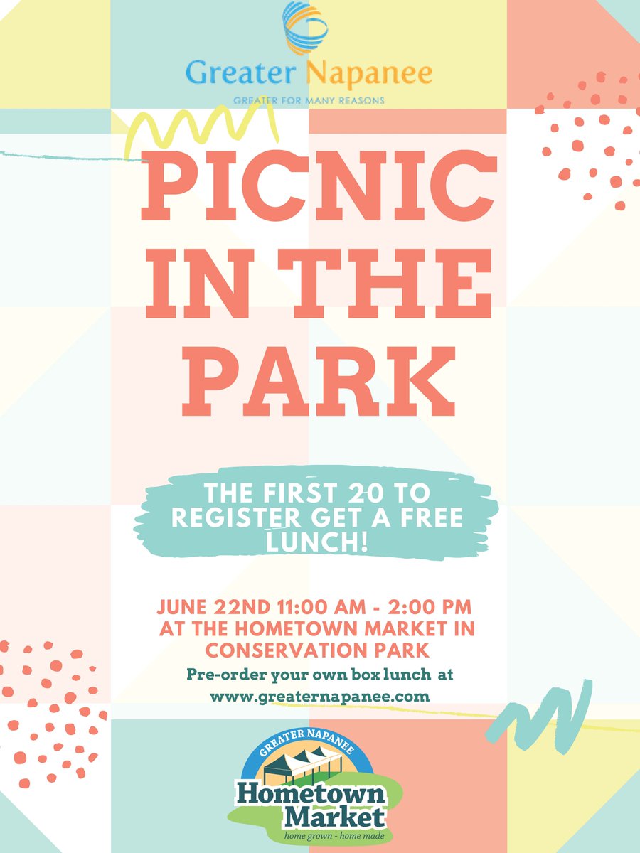 At this Saturday's Market enjoy a picnic in the park supplied by local businesses; it's on us!
The first 20 people to register will receive a free lunch &amp; dessert. Register online by filling out our Picnic in the Park registration form: forms.greaternapanee.com/Market-Forms/P… #HandMadeHomeGrown