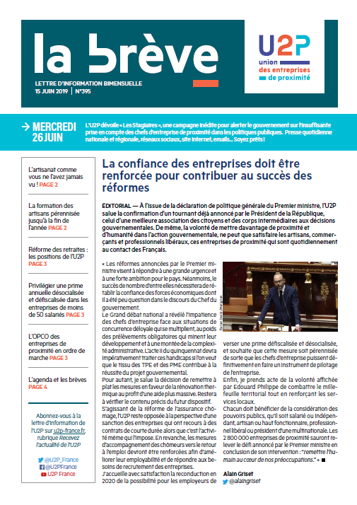 U2P_france's tweet photo. 📣La Brève n°395 est sortie !
✅Éditorial : La confiance des entreprises doit être renforcée
✅L’artisanat comme vous ne l’avez jamais vu !
✅Réforme des retraites : les positions de l’U2P
✅L’OPCO des entreprises de proximité en ordre de marche
➡️https://t.co/YAY6P2hgq2 https://t.co/eXcV9HcXsp