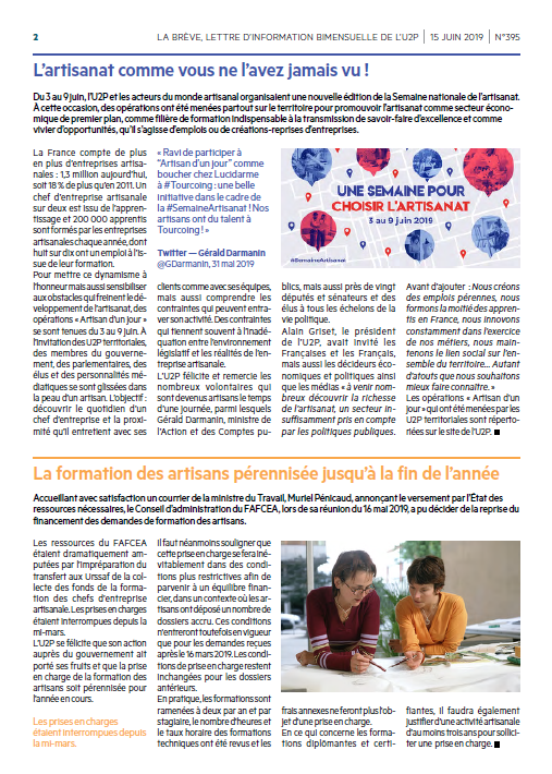 U2P_france's tweet photo. 📣La Brève n°395 est sortie !
✅Éditorial : La confiance des entreprises doit être renforcée
✅L’artisanat comme vous ne l’avez jamais vu !
✅Réforme des retraites : les positions de l’U2P
✅L’OPCO des entreprises de proximité en ordre de marche
➡️https://t.co/YAY6P2hgq2 https://t.co/eXcV9HcXsp