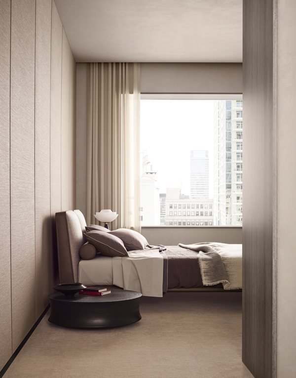 PoliformAU's tweet photo. The Park Uno bed features an upholstered headboard and frame in leather and fabric, while the Soori coffee table acts as a generous bedside table. https://t.co/rwCKfJIykB