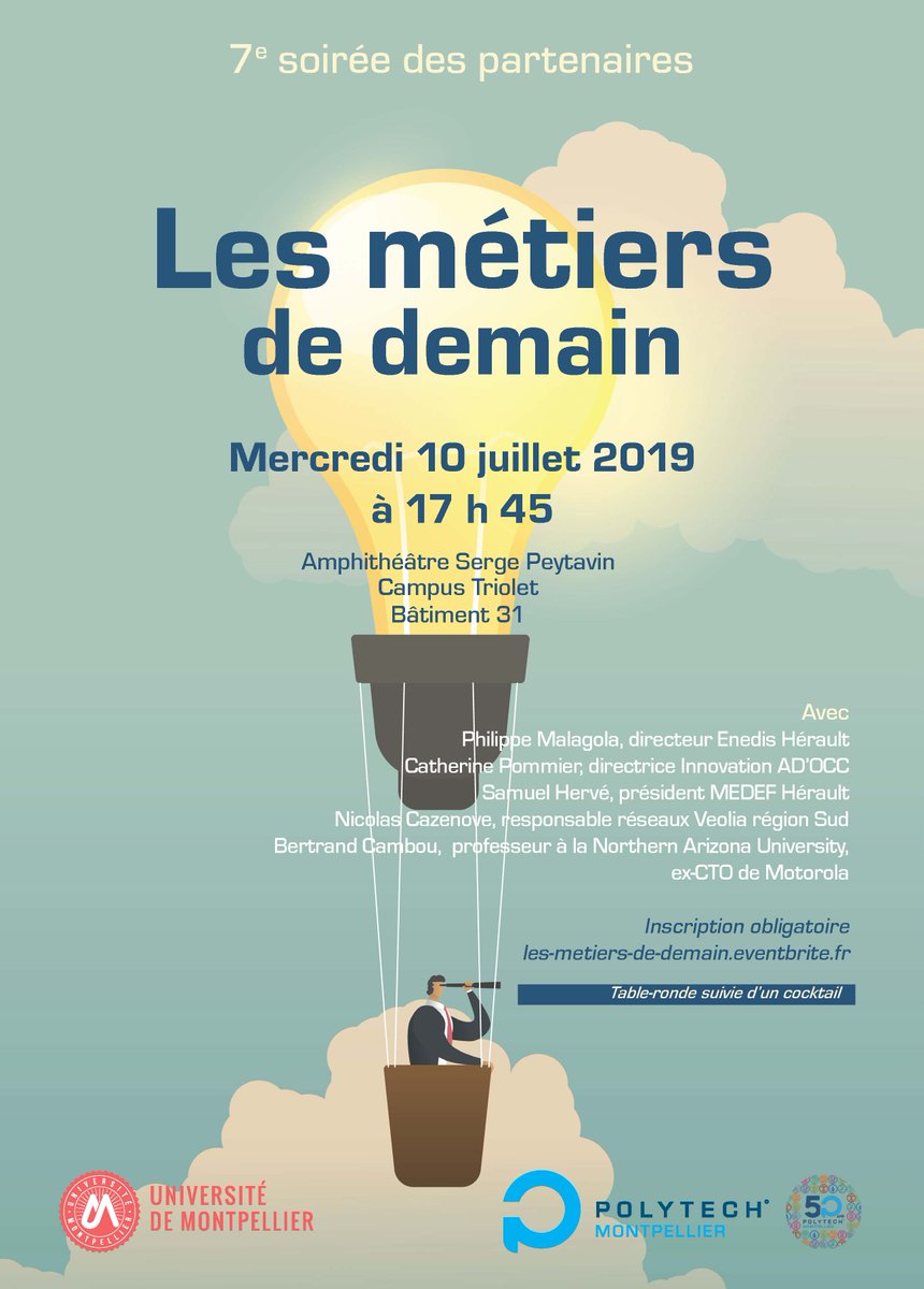 PolytechMontp's tweet photo. 📣 [SAVE THE DATE] Soirée des partenaires : pour débattre du thème "Les métiers de demain". Sur inscription : https://t.co/qRrHqa5S0z
📆 Mercredi 10 juillet
🕠 A partir de 17 h 45
📍 Amphithéâtre Serge Peytavin, Campus Triolet, bâtiment 31 https://t.co/WWKUfEi39J