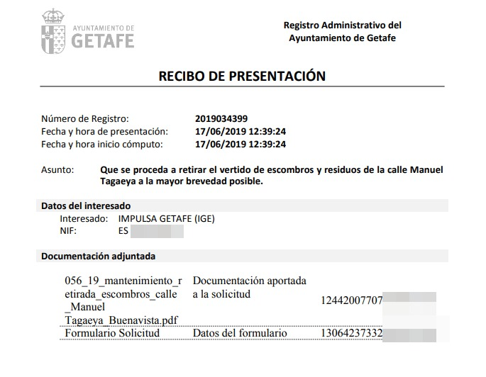 IMPULSAGETAFE's tweet photo. Esta mañana hemos presentado escrito al @aytogetafe para que proceda a retirar el vertido de escombros y residuos de la Calle Manuel Tagaeya en el barrio de Buenavista a la mayor brevedad posible.
#Getafe
#ImpulsandoGetafe
#ImpulsandoBarrios https://t.co/Rgv8jv34N6
