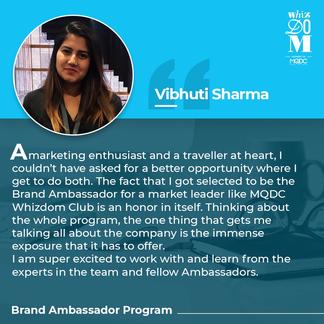 WhizdomIndia's tweet photo. We are proud to have Vibhuti Sharma as a #BrandAmbassador. We wish Vibhuti all the best, and look forward to work with her. #BrandAmbassadorProgram #WhizdomClubByMQDC #opportunity #Fun #worklife #InnovationHub #ExchangeProgram https://t.co/JuvAHmQOX4