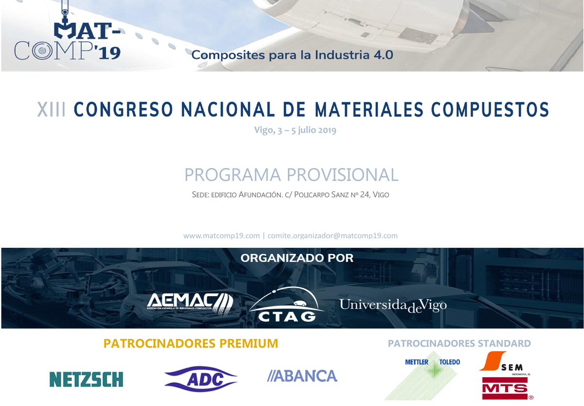 DACOMAT_EU's tweet photo. Alfredo Guemes, UPM, and María Nieves Fuentes Munell, Airtificial, will be presenting Damage controlled composite materials
(DACOMAT): An EU project, at the MATCOMP'19, 4th July Vigo, Spain https://t.co/06a41XbdtJ  #composites #H2020 @EU_H2020 https://t.co/Uf5LqSTB2l
