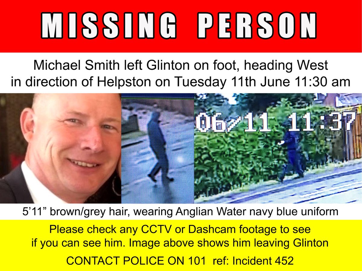 lewismith96's tweet photo. PLEASE RT - Dad has been missing for 6 days now and we’re worried sick. The last known sighting of Dad was 11/06/19 at 11:30am. He was heading towards Helpston Bridge in Glinton. He could have travelled a long way in 6 days so PLEASE share far and wide. https://t.co/yTkq1lRIvO