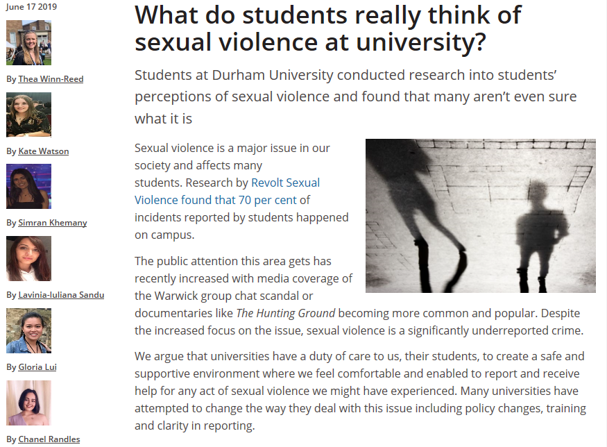 DurhamPsych's tweet photo. Hats of to our superb 3rd year #psychology students who published an article on "#Sexual #Violence in #Universities" in @timeshighered, based on their undergraduate dissertation supervised by @ProfGrahamTowl https://t.co/txlKa1EEtI via @THEUniAdvice @durham_uni @durhamstudent https://t.co/JqDwfUSVmh
