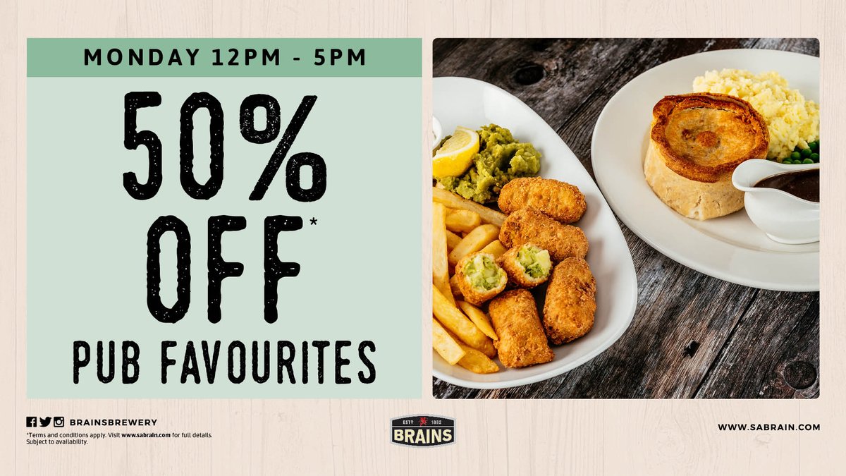 Get 50% off all of our Real Pub Favourites until 5pm! No small portions, just great value!