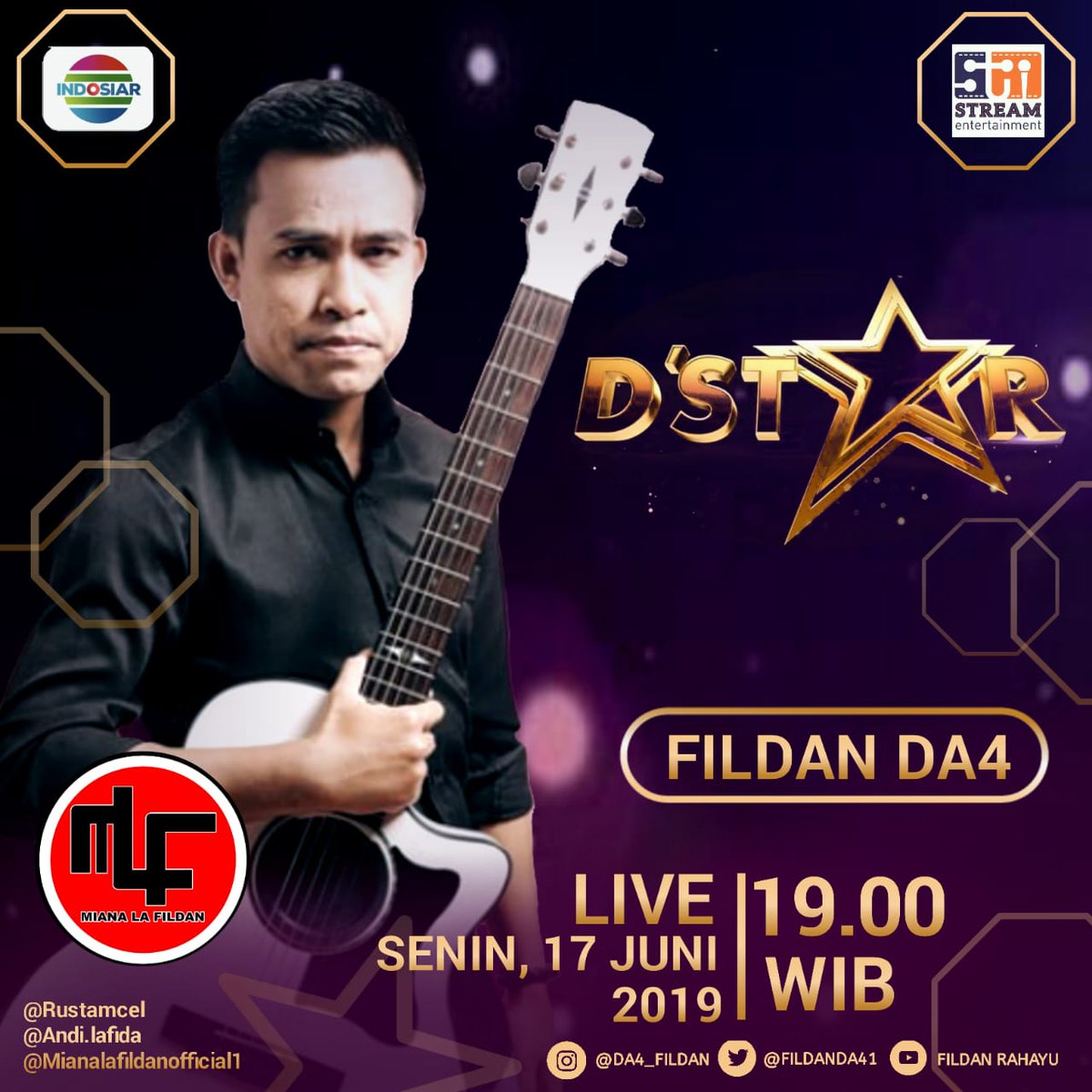 #FildanOpeningDSTAR
Jangan lupa ya malam ini pkl 19.00 wib live @IndosiarID  ada kesayangan <a href="/FildanDa41/">Fildan Da4</a> 😍.