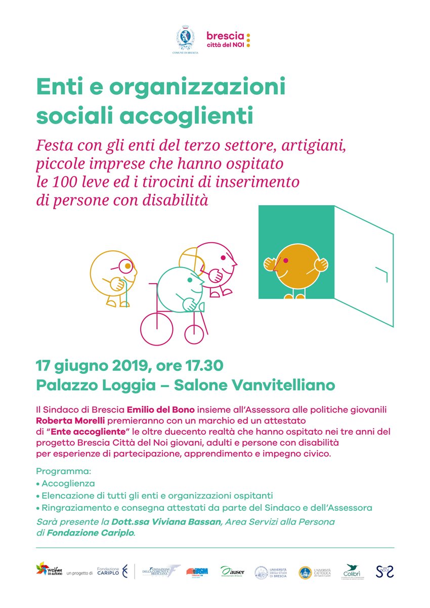 bsdelnoi's tweet photo. AAA!
Ricordati che stasera alle 17:30 presso il Salone Vanvitelliano di Palazzo Loggia festeggeremo insieme a Emilio Del Bono, Sindaco del @ComuneBs e all'Ass. alle politiche giovanili Roberta Morelli gli "Enti Accoglienti"!
#bsdelnoi #terzosettore #100leve #giovani #disabilita https://t.co/aq0Gftevme