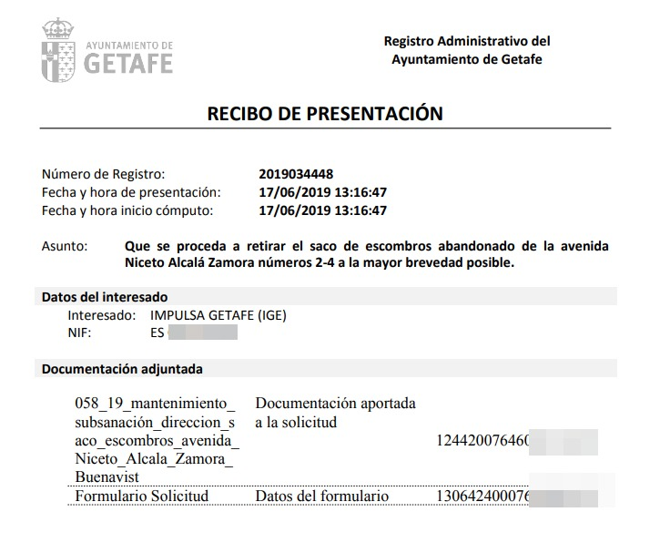 IMPULSAGETAFE's tweet photo. Esta mañana hemos presentado escrito al @aytogetafe para que proceda a retirar el saco de escombros de @LaPlataformaSGD abandonado en la Avenida Niceto Alcalá Zamora en el barrio de Buenavista a la mayor brevedad posible.
#Getafe
#ImpulsandoGetafe
#ImpulsandoBarrios https://t.co/spEbctsbZr