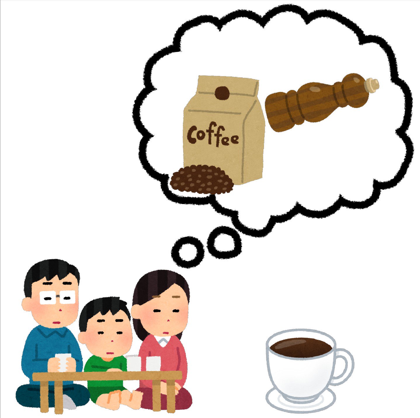 Twitter 上的 まいチクをいらすとやで再現 Dayukoume 再現難易度 使ったイラスト 5枚 ふきだしのイラスト ペッパーミルのイラスト コーヒー豆の袋のイラスト カフェ 無表情のお茶の間のイラスト テレビなし コーヒーのイラスト ブレンド まいにちチクショー