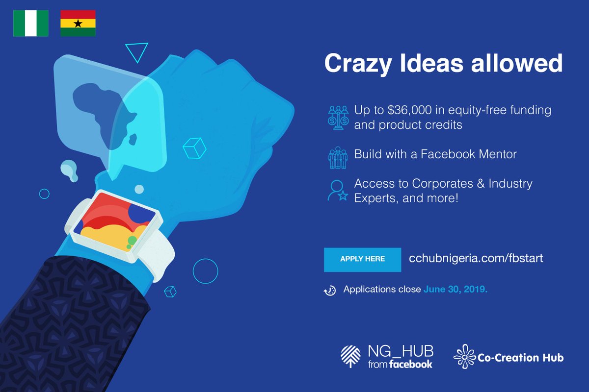 Cc_HUB's tweet photo. Crazy Ideas Are Allowed!
Are you building next-gen solutions with advanced technologies? Receive the support you need to accelerate your solution in the #FbStartAccelerator.
Applications open to startup and student teams in Nigeria & Ghana!
Apply: https://t.co/D0Xf98iCNl https://t.co/0p15SE6wPW