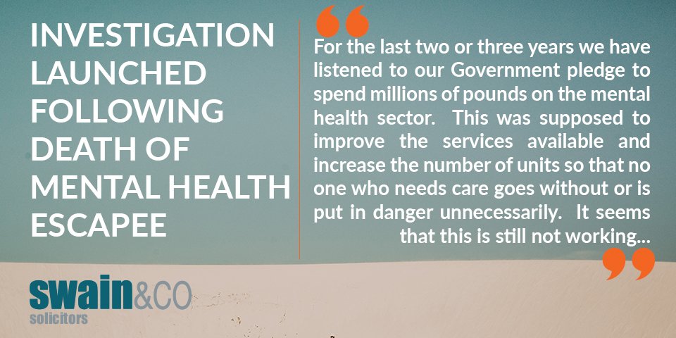 YoungsLaw's tweet photo. #Investigation launched following #death of #mentalhealth #escapee in #Taunton. @MelanieLand1, @SwainSolicitors says, “For the last two or three years we have listened to our #Government #pledge to spend #millions of #pounds..." Continue reading at: https://t.co/rP7eX6x633 https://t.co/6yLgZJiIC0