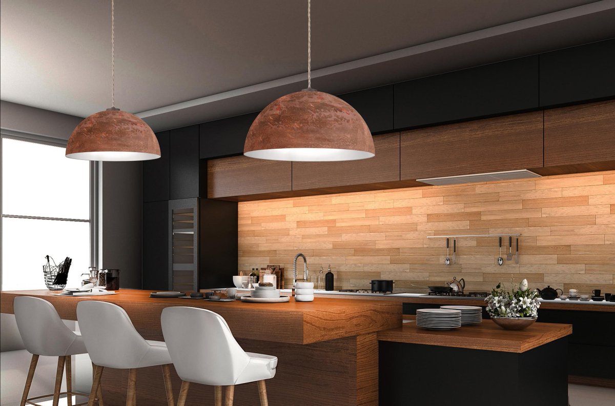 The understated sophistication of the dome shaped Vintage in muted copper makes a stunning design statement and focal point - seen her over a contemporary #kitchen island adding contrast and warmth to this stylish interior.  Also available