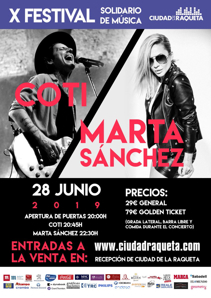 NUEVA FECHA!
@Martisima_SoyYo y @CotiOficial en @ciudadraqueta , #Madrid , el 28 DE JUNIO !!! 
Entradas ya a la venta!

#MartaSanchez #CiudadRaqueta #CiudadDeLaRaqueta