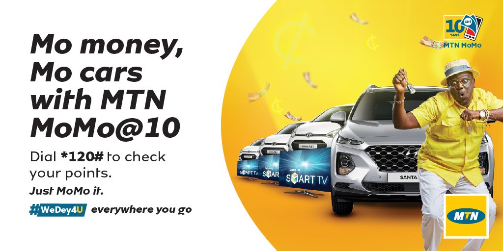 MTNGhana's tweet photo. MoMo is 10 Years and we are celebrating this milestone by giving away not 1, not 2 but 10 brand new Hyundai cars and other exciting prizes. Just keep using your MTN MoMo to make payments, send and receive money, etc. and you could be a winner! #WeDey4U #MoMoAt10 https://t.co/aBPq5l9EuB