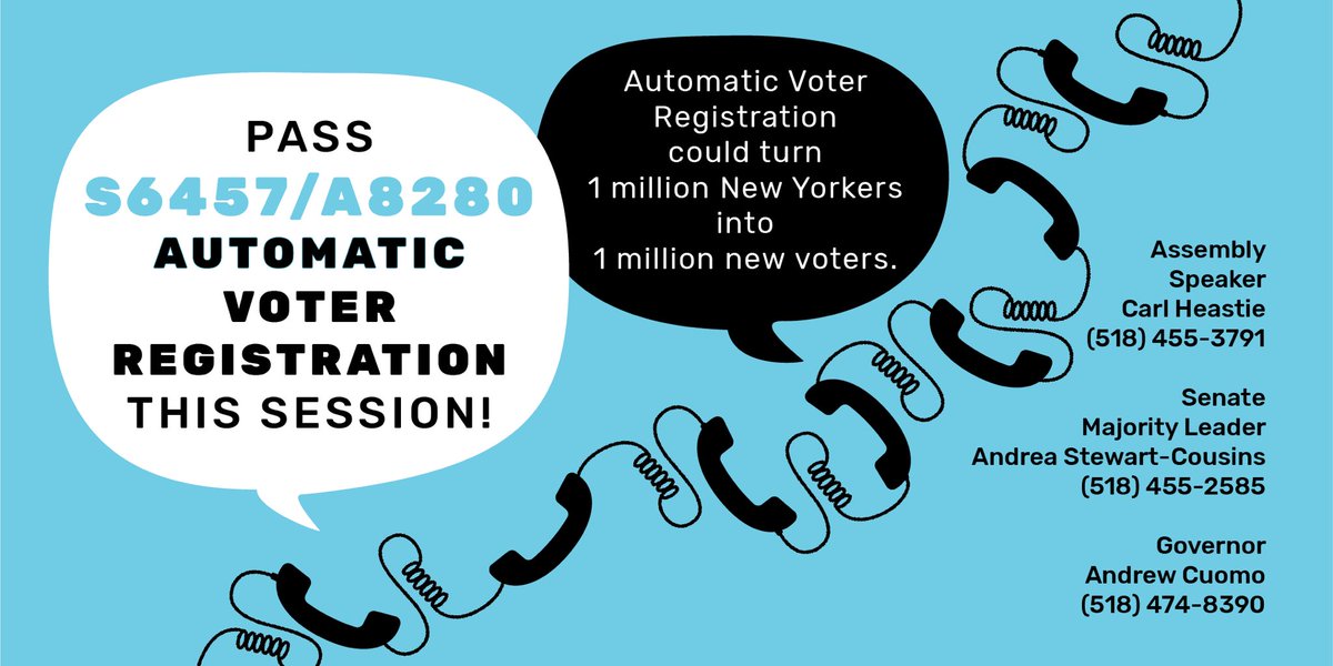 A Monday 📞action! Call your reps and ask for these important voting rights reforms: Automatic Voter Registration and one consistent deadline for registering. Keep those phones ringing! 
#newyork #votingrights #registertovote #letnewyorkvote