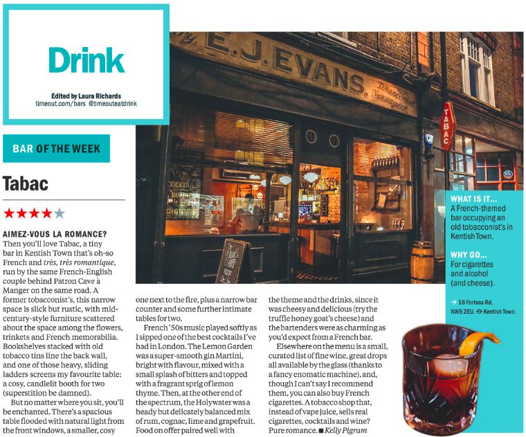 tabacbarlondon's tweet photo. We couldn’t be more proud!
Thank you so much @timeoutlondon for a great review!
#news #baroftheweek #bar #londonbar #barlondon #london #kentishtown #nw5 #cocktailbar #bigtime #cocktails #londoncocktails #cocktaillovers #fun #londonnews #timeout #wine #winelover #drinks https://t.co/dOcyfmCYe6