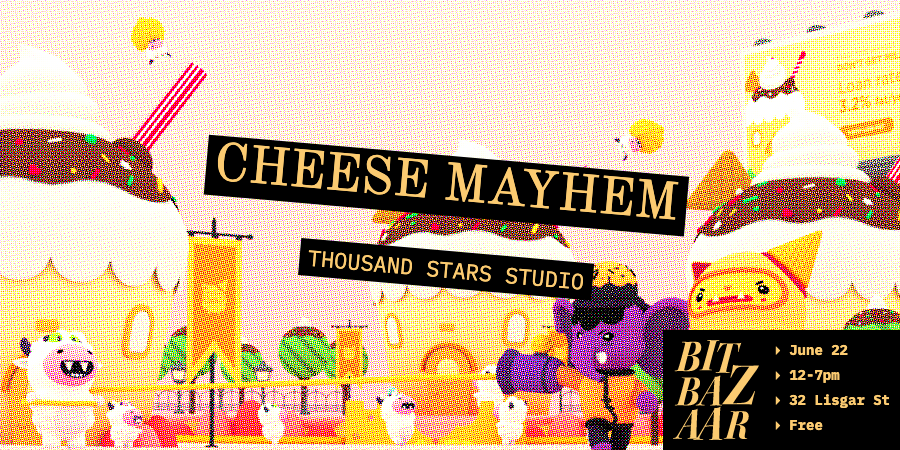 TheBitBazaar's tweet photo. In CHEESE MAYHEM, a new VR game by @1kstarsstudio, play as the legendary cheese spirit, Lemon Sprinkles, on a quest to defend towns from raiding rabid cheese robot zombies. 🧀🍋🤖 #bitbazaar10 #totechzines https://t.co/K4dPpaRqgu