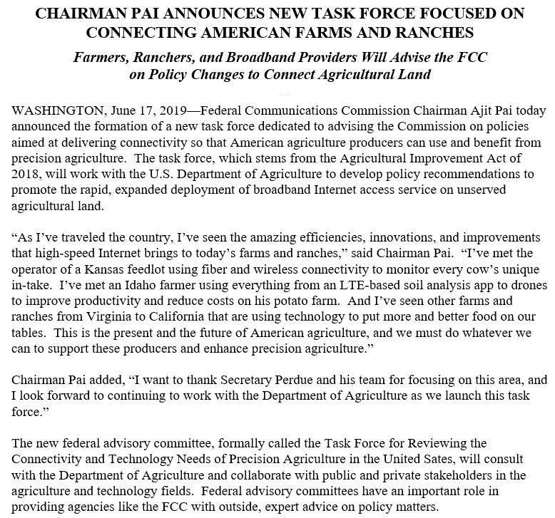 America's farms and ranches rely heavily on connectivity, as I've seen everywhere from Kansas to Idaho. Pleased to announce creation of <a href="/FCC/">FCC</a> precision agriculture task force! Working with <a href="/USDA/">Dept. of Agriculture</a>, we aim to deliver broadband to those who produce the food we put on the table.