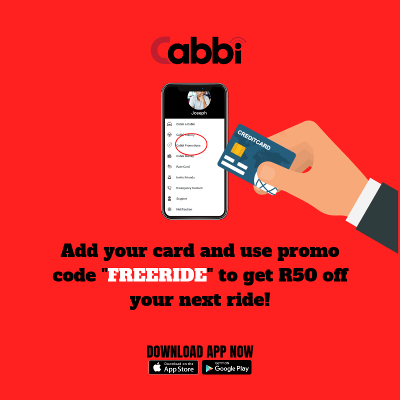 Cabbi_SA's tweet photo. Travel around Johannesburg using the promo code "FREERIDE" for a trip worth R50. 

Steps to use Promo code "FREERIDE"

1. Download the Cabbi App and sign up as a rider.
2. On the Menu tap select "Cabbi Promotions"
3. Enter the promo code "FREERIDE" and select submit.

#CabbiSA https://t.co/ZRRRd1S2xB