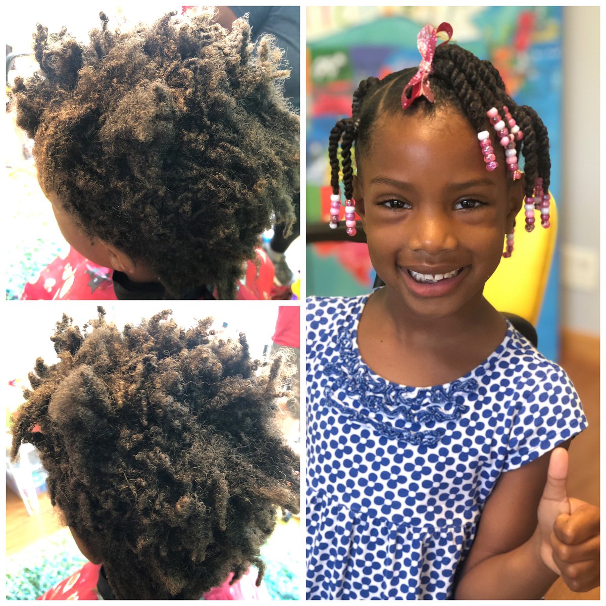 It took three hours but the look on her face afterwards was so worth it! #beforeandafter #styles4kidz #haircarewithheart #hairmagic #completetransformation #buildingconfidence #selfesteem #helpingkids #helpingfamilies #transracialadoption #fostercare #hairmagician #tamekiaswint