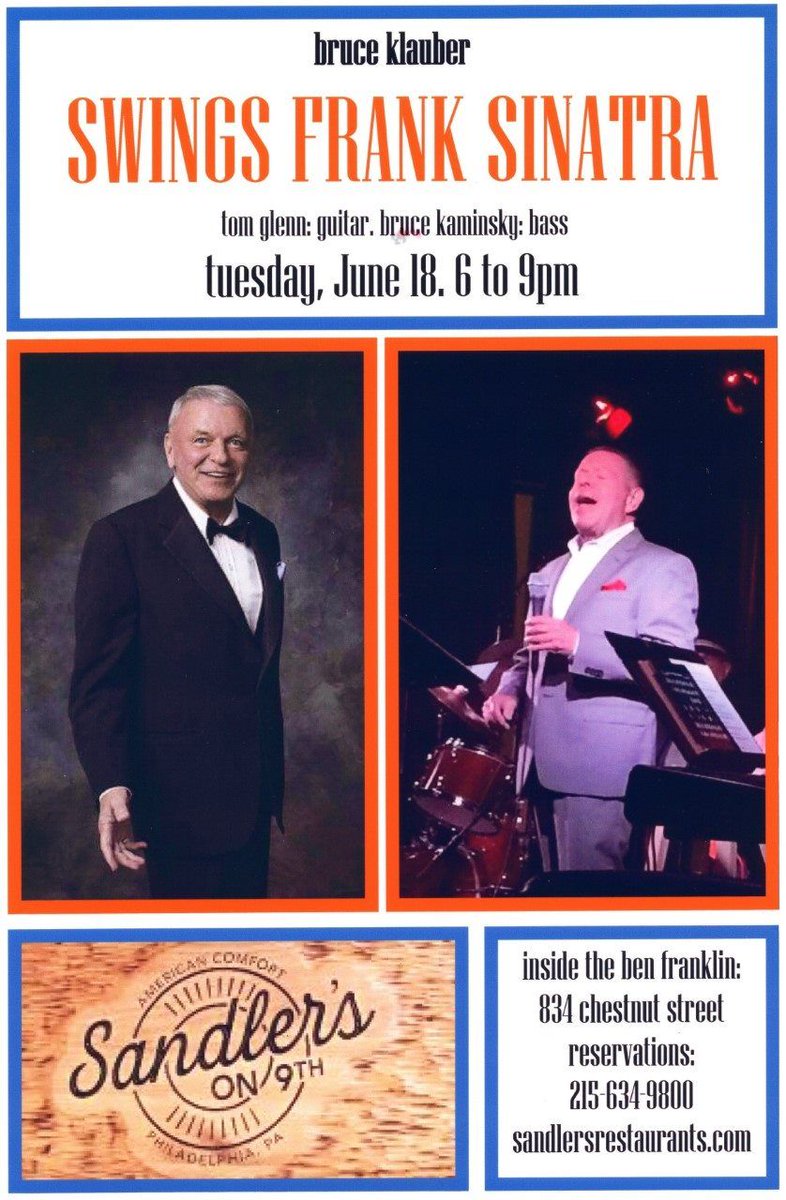TOMORROW NIGHT: make sure you swing by Sandler’s to spend the evening with Sinatra from 6-9PM. Live music and perfectly crafted cocktails…who could ask for more on a Tuesday night?
.
.
#Sinatra #Jazz #Philadelphia #BruceKlauber #LiveMusic