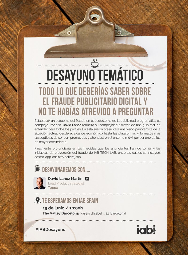 Todo lo que deberías saber sobre el fraude publicitario digital y no te habías atrevido a preguntar. El miércoles 19 tienes una cita en Barcelona con @davidlahoz Lead Product Strategist de <a href="/tappx/">Tappx with techsoulogy</a> en un Desayuno Temático. Conoce toda la información aquí ow.ly/h31u50uFZDZ