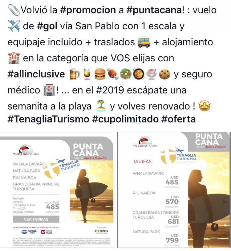 TenagliaTurismo's tweet photo. 📎Volvió la #promocion a #puntacana! : vuelo ✈️ de #gol vía San Pablo con 1 escala y equipaje incluido + traslados 🚌 + alojamiento 🏨 en la categoría que VOS elijas con #allinclusive 🍺🍹🍔🍖🥗🥘🍧🍪 y seguro médico 🏥! ... 🤩 #TenagliaTurismo #cupolimitado #oferta https://t.co/EnH6V5AHZf