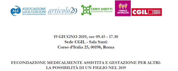 Il #19giugno presso la sede <a href="/cgilnazionale/">CGIL Nazionale</a> si terrà il convegno "Fecondazione medicalmente assistita e gestazione per altri: la possibilità di un figlio nel 2019"

<a href="/ass_coscioni/">Associazione Luca Coscioni</a> <a href="/articolo29/">articolo29.it</a> <a href="/CertiDiritti/">Certi Diritti</a> 

INFO takethedate.it/tutti-gli-even…