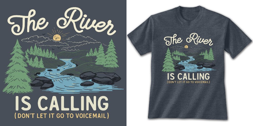 EarthSunMoonCo's tweet photo. The River Is Calling. Don't let it go to voicemail! Part of our "Nature Is Calling" collection, this design is a call back to the sheer enjoyment of the river, and enjoying time away from the hustle and bustle of everyday life. https://t.co/95XLG6IX7e #TheRiverIsCalling https://t.co/qyg1fxuAQv