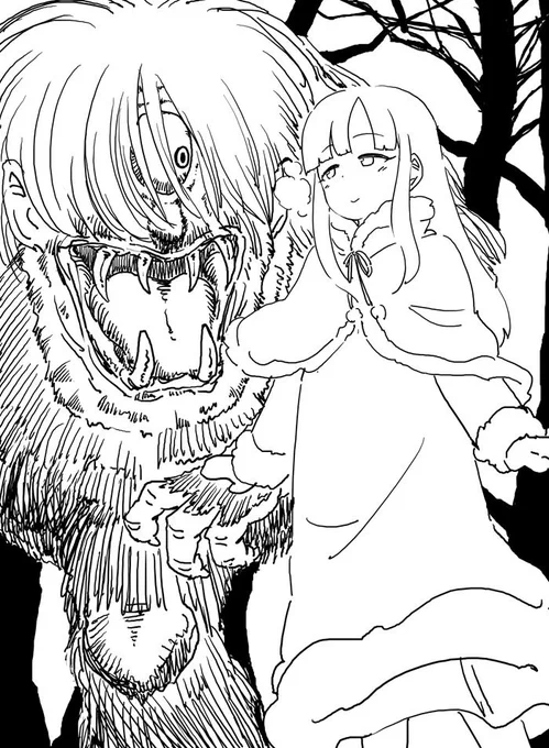 なんで描いたのかぜんぜんおぼえてないんですが、一本だたら(日本に伝わる妖怪の一種、熊野地方の山中などに棲む)と森の中を散歩している水本ゆかりちゃんの絵が出てきたので貼っておきます 