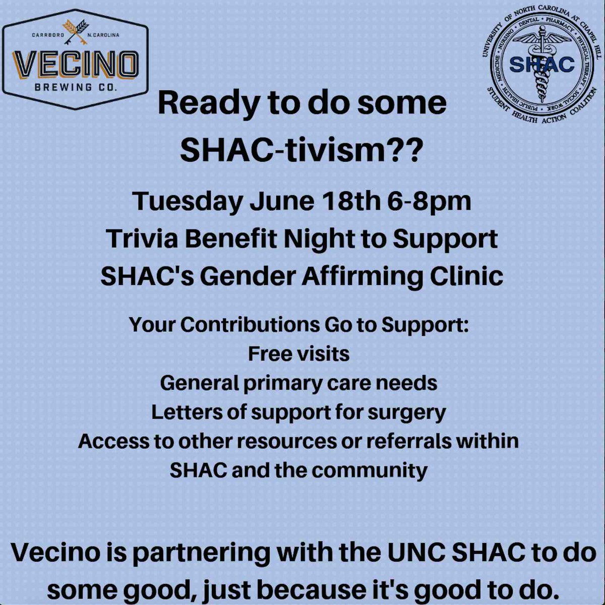 SHAC_HIV's tweet photo. Come out tomorrow night in support of SHAC and gender-affirming services! SHAC is doing a fundraising trivia night at Vecino's tomorrow, Tuesday the 18th from 6-8pm; money raised will go to support our new gender-affirming clinic! See you there! https://t.co/5L15Zw5EOO