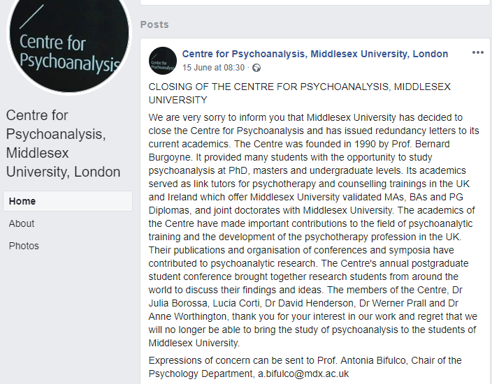 The closure of the Centre for #Psychoanalysis is a deep loss to the field & the talking therapies in general. Low blow from Middlesex that until now had a long & strong history of support for analytic theory & practice. Please share & voice your concern - details in announcement