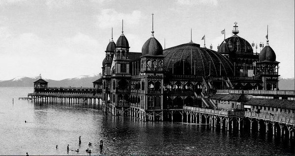 The original Saltair on the Great Salt Lake, Utah, before it was destroyed by fire, c1900.