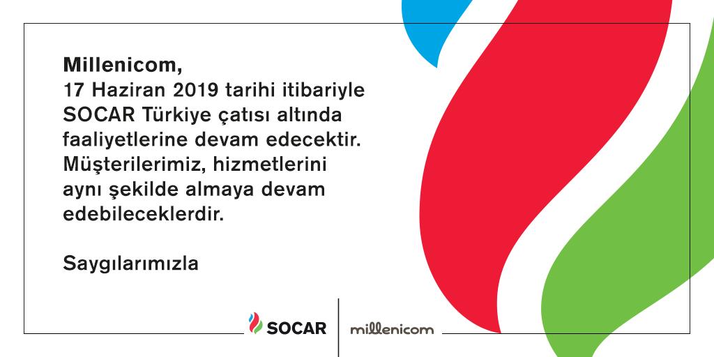 Millenicom, 17 Haziran 2019 tarihi itibariyle SOCAR Türkiye çatısı altında faaliyetlerine devam edecektir. Müşterilerimiz, hizmetlerini aynı şekilde almaya devam edebileceklerdir. Saygılarımızla,