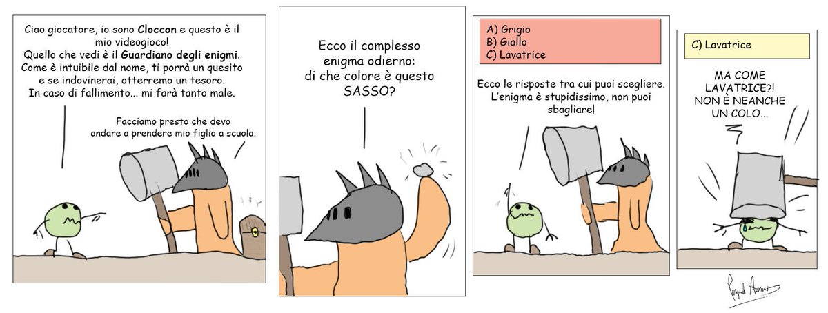 #Cloccon contro il Guardiano degli enigmi.
Riuscirà a sopravvivere?
#humor #fumetto #comic #strip #striscia #disegno #fumetti #vignetta #divertente #umorismo #vignette #comics #sketch #disegnotime #videogame #videogioco
@CasaLettori @CasaScrittori