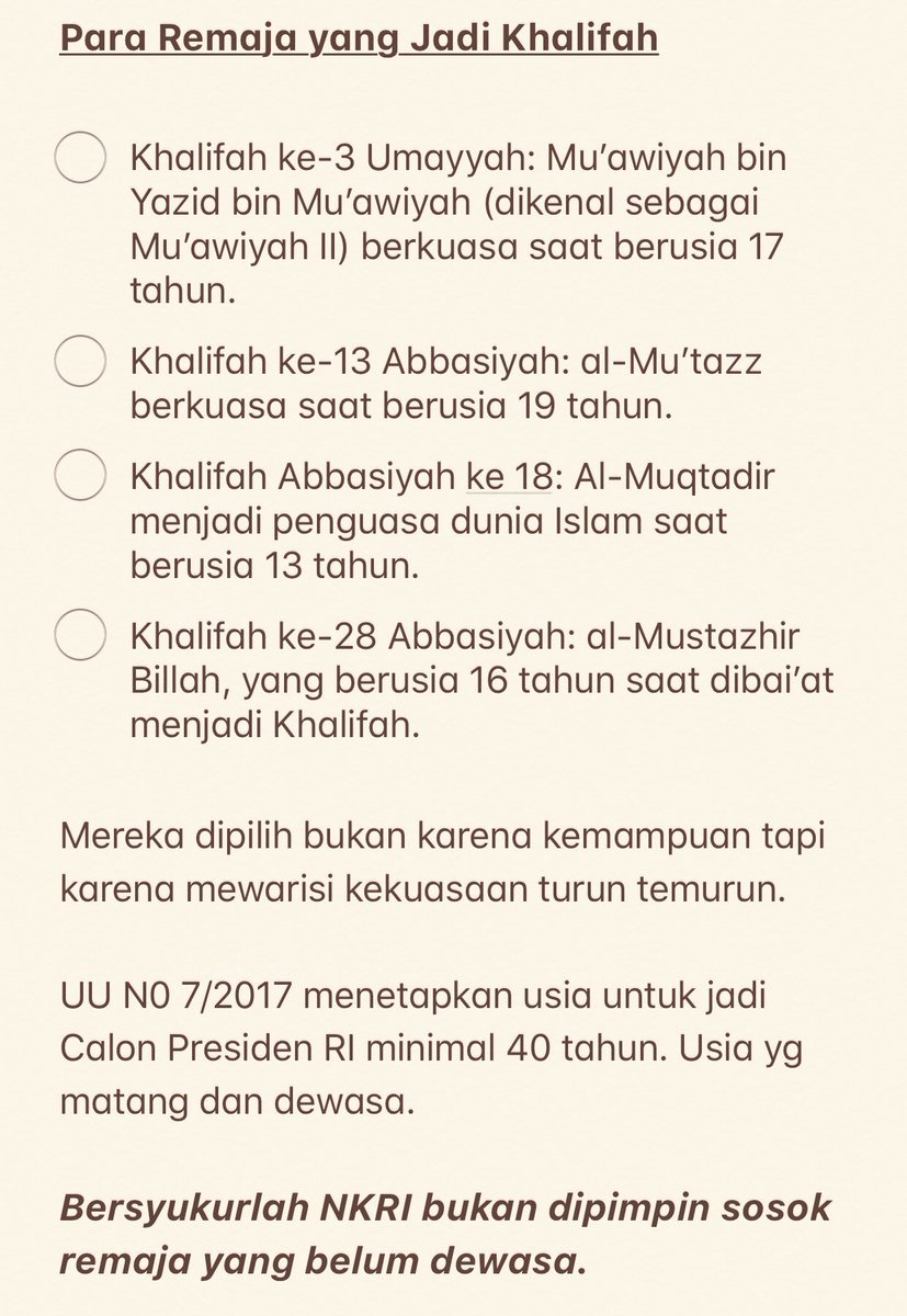 na_dirs's tweet photo. Mereka dipilih bukan karena kemampuan, tapi hanya mewarisi kekuasaan turun temurun. Inilah daftar remaja yang menjadi Khalifah, penguasa dunia Islam jaman dulu. Usia 13 tahun!

Bersyukurlah hidup di NKRI 🙏 https://t.co/R0spDNcXyE