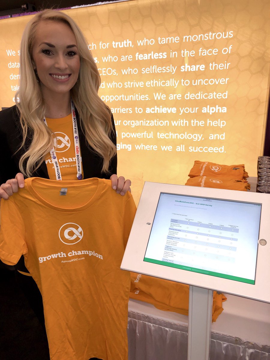 emilyapillar's tweet photo. Day 2 of the #SLA2019 expo is underway and the #FirstLight booth has still got these awesome #GrowthChampion T-shirts (while supplies last)! Stop by booth 625 to take a 2-minute survey and snag a T! #StuffInfoProsLOVE https://t.co/rXQAu7Wq6U