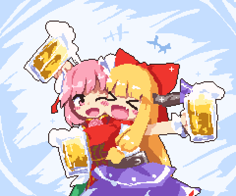 ibaraki kasen ,ibuki suika multiple girls 2girls beer mug beer cup horns open mouth  illustration images