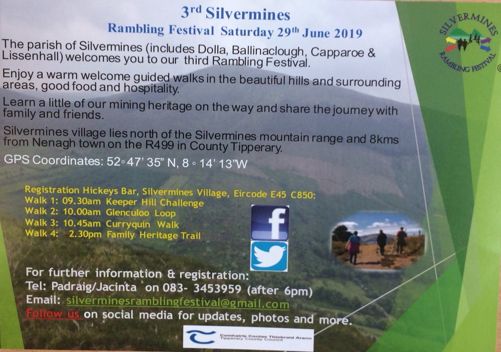 SilverminesFest's tweet photo. PLEASE LIKE &amp; RT - full details of this year’s festival @GlensWalkingFes @WalkinIreland @LaoisWalks @walkwest1959 @SligoWalks @GarretAhearn @GerDarcy1 @NenaghMD @NenaghArts @Nenaghclcarclub @ZipyardNenagh @NenaghFest @PhillysNenagh @NenaghTennis @nenaghormondrfc @ThePantryNenagh https://t.co/VYt5YAP9se
