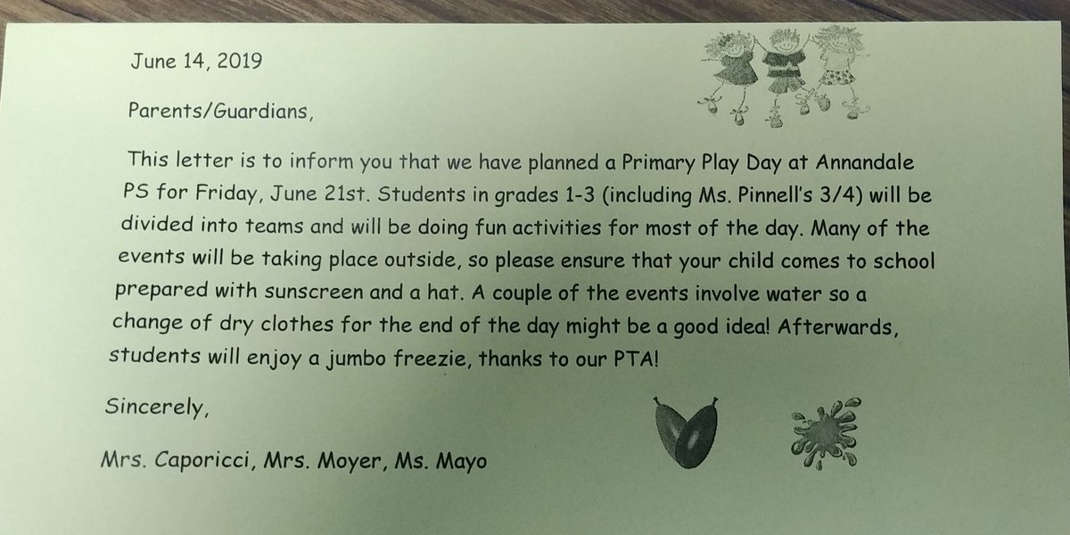 Important Play Day information for our Gr 1, 2, 3 (including our 3/4) classes
