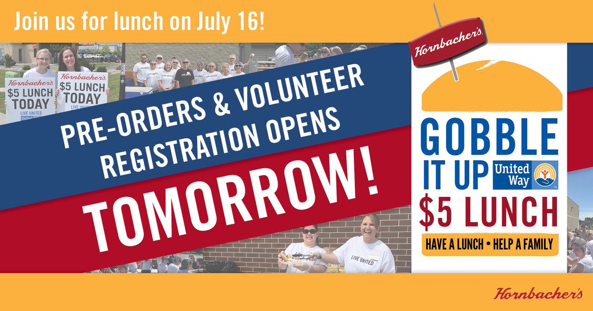 UnitedWayFargo's tweet photo. MARK YOUR CALENDARS! Pre-Orders &amp; Volunteer Registration for @Hornbachers $5 Gobble It Up Lunch for United Way opens TOMORROW! We can't wait for one of our favorite summer events coming up on July 16! #LIVEUNITEDCassClay 

https://t.co/Tgd8jZq0kD https://t.co/ApCgAXIAs2
